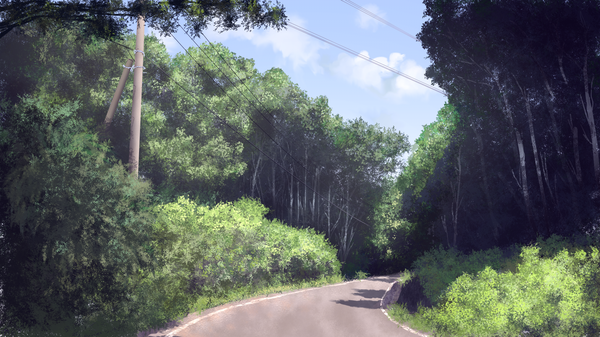 Anime picture 1920x1080 with original tsuruzen highres wide image cloud (clouds) no people landscape nature plant (plants) tree (trees) forest road pole