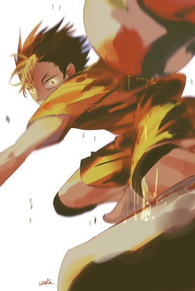 Anime picture 600x892 with haikyuu!! production i.g nishinoya yuu zwollowz single tall image looking at viewer short hair simple background blonde hair brown hair yellow eyes multicolored hair glowing glowing eye (eyes) volleyball boy uniform ball volleyball ball