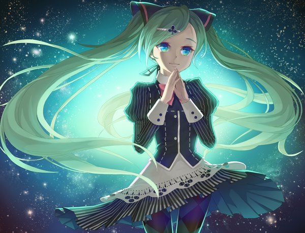 Anime picture 1200x918 with vocaloid hatsune miku kail single looking at viewer twintails very long hair aqua eyes aqua hair rhombus girl dress hair ornament pantyhose hairclip argyle legwear