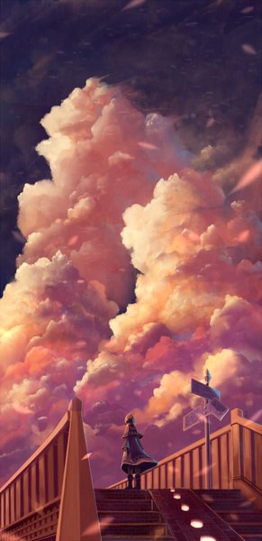 Anime picture 850x1750 with original bounin single tall image short hair standing sky cloud (clouds) wind from behind from below girl petals lantern stairs lamppost