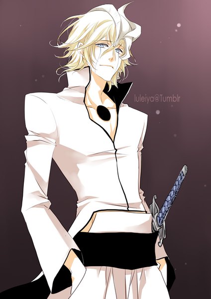 Anime picture 636x900 with bleach tsubasa reservoir chronicle studio pierrot clamp ulquiorra schiffer fay d flourite luleiya single tall image looking at viewer short hair blue eyes blonde hair standing signed cosplay brown background face paint espada ulquiorra schiffer (cosplay)