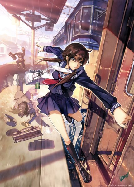 Anime picture 1835x2560 with original vania600 tall image fringe highres breasts brown hair twintails holding brown eyes sunlight running falling girl skirt uniform school uniform hat socks shoes