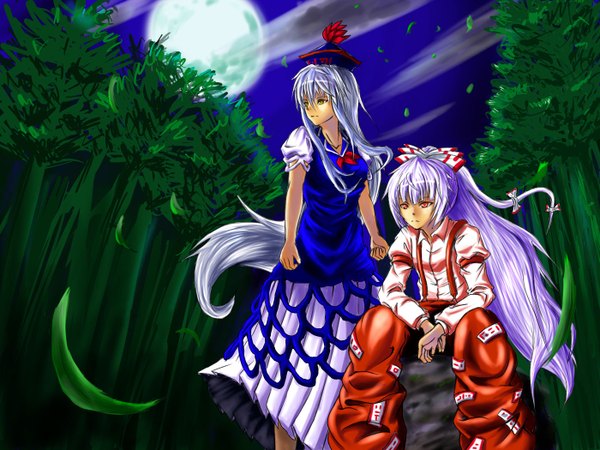 Anime picture 1400x1050 with touhou fujiwara no mokou kamishirasawa keine nature girl ribbon (ribbons) tree (trees) moon forest