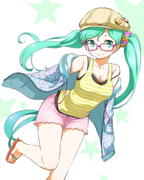 Anime picture 1200x1503 with vocaloid hatsune miku nagian single tall image simple background smile bare shoulders very long hair aqua eyes aqua hair girl glasses shorts star (symbol) beret hoodie sandals blouse badge
