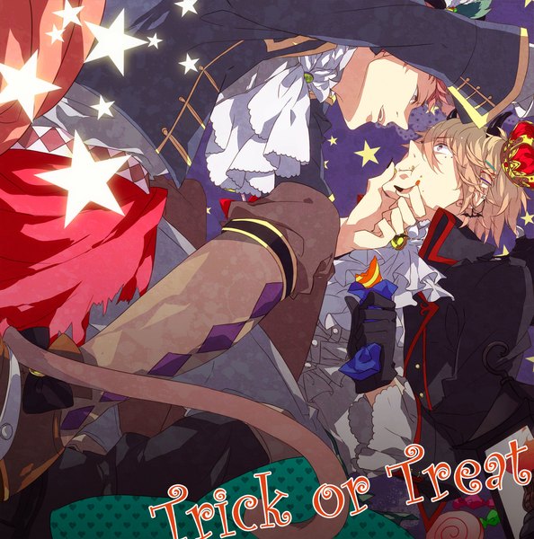 Anime picture 1177x1190 with ao no exorcist a-1 pictures shima renzou shima kinzou sara666 (roentgen666) tall image short hair blonde hair pink hair tail horn (horns) inscription mole multiple boys mole under eye piercing halloween eating reclining shounen ai