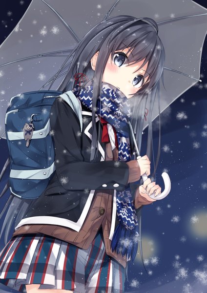 Anime picture 601x850 with yahari ore no seishun love comedy wa machigatteiru. brains base (studio) yukinoshita yukino mirai (macharge) single long hair tall image looking at viewer blush blue eyes black hair from below snowing exhalation snowflake print girl skirt uniform school uniform scarf