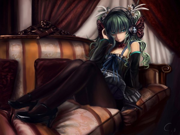 Anime picture 1800x1355 with vocaloid magnet (vocaloid) hatsune miku cj man single long hair looking at viewer highres bare shoulders green eyes hair flower green hair insect wings butterfly wings girl dress hair ornament detached sleeves shoes headphones