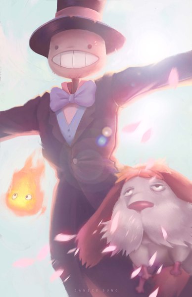 Anime picture 1024x1583 with howl's moving castle studio ghibli calcifer turnip head (prince justin) janice sung tall image signed looking away sky sunlight blurry teeth no people fantasy bow animal petals dog flame top hat