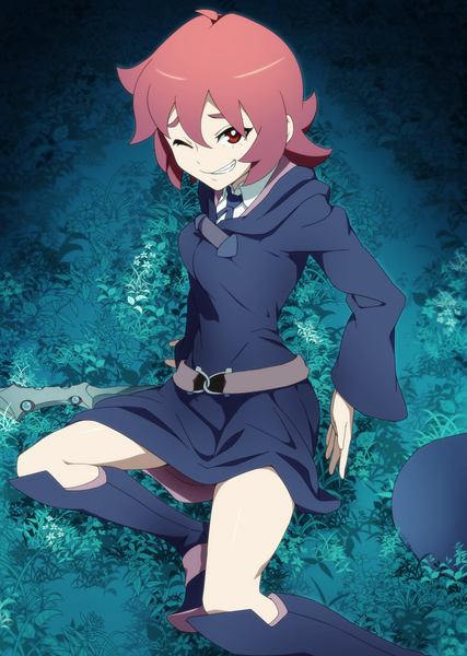 Anime picture 886x1244 with little witch academia studio trigger shiny chariot uganda single tall image fringe short hair hair between eyes red eyes sitting red hair one eye closed from above hat removed headwear removed girl belt knee boots