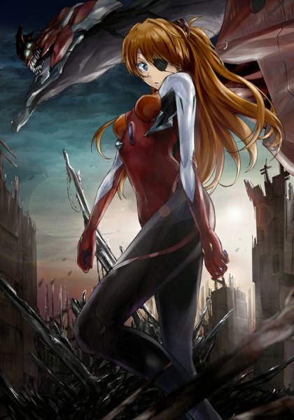 Anime picture 700x1000 with neon genesis evangelion gainax soryu asuka langley eva 02 oota takeshi long hair tall image looking at viewer fringe open mouth blue eyes standing twintails bent knee (knees) sunlight orange hair night night sky smoke sunbeam