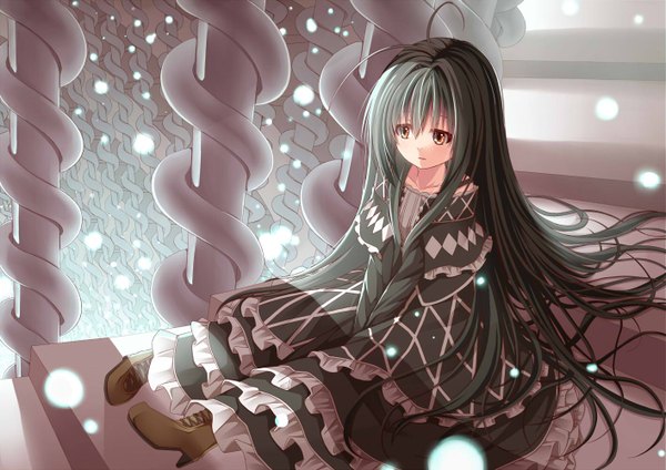 Anime picture 1414x1000 with original creek (moon-sky) single long hair black hair brown eyes very long hair girl dress boots