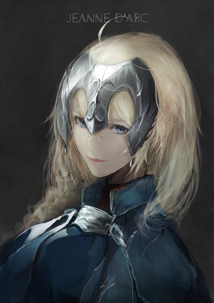 Anime picture 1447x2047 with fate (series) fate/grand order fate/apocrypha jeanne d'arc (fate) (all) jeanne d'arc (fate) marumoru single long hair tall image looking at viewer fringe blue eyes light erotic blonde hair simple background smile ahoge braid (braids) lips character names