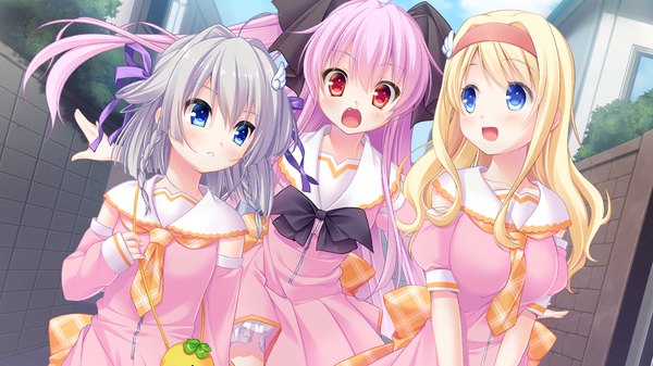 Anime picture 1024x576 with lilium x triangle hirose yuuna haruka (lilium x triangle) hirose sana usashiro mani piyodera mucha long hair blush fringe short hair breasts open mouth blue eyes blonde hair red eyes wide image twintails multiple girls purple hair braid (braids)