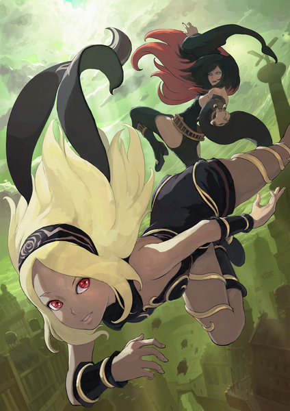 Anime picture 1890x2677 with gravity daze kat (gravity daze) crow (gravity daze) long hair tall image highres open mouth blue eyes blonde hair red eyes bare shoulders multiple girls sky cloud (clouds) bent knee (knees) parted lips multicolored hair official art high heels sleeveless