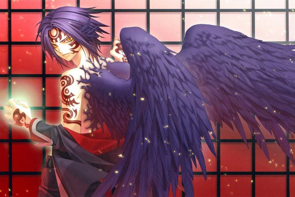 Anime picture 2861x1917 with hiiro no kakera mahiro atori single looking at viewer highres short hair bare shoulders yellow eyes purple hair looking back tattoo head wings demon demon boy boy shirt wings pants