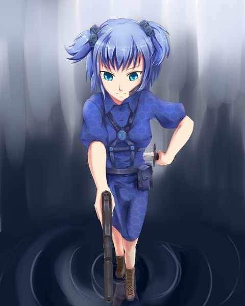 Anime picture 3000x3750 with touhou kawashiro nitori single tall image highres short hair blue eyes twintails blue hair alternate costume short twintails girl weapon boots gun knife pistol