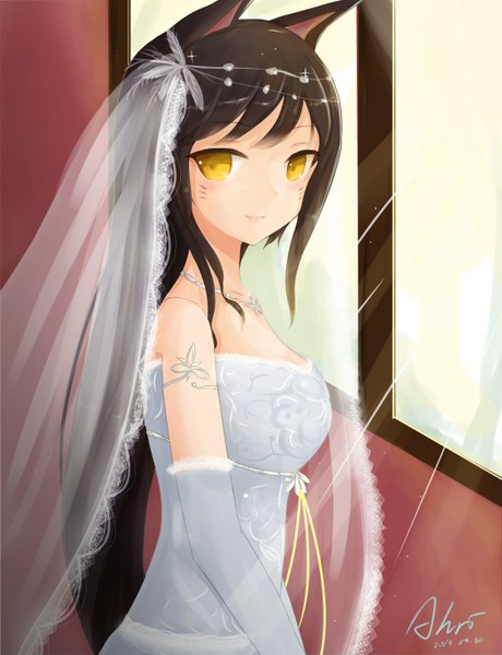 Anime picture 1125x1467 with league of legends ahri (league of legends) kinom single long hair tall image looking at viewer black hair animal ears yellow eyes cat ears facial mark whisker markings wedding girl dress wedding dress wedding veil