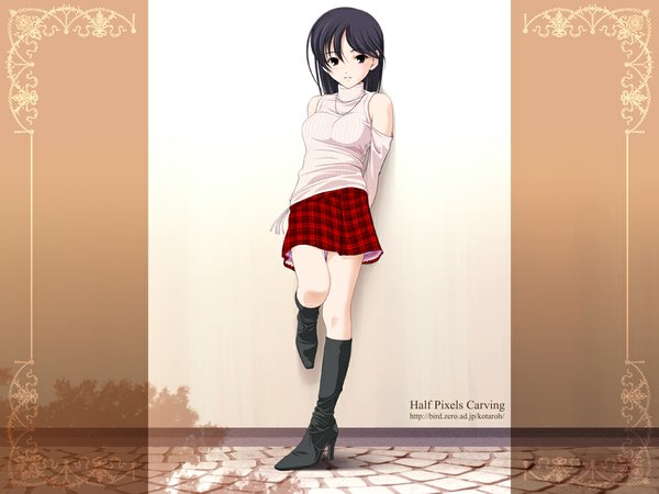 Anime picture 1024x768 with original aizawa kotarou looking at viewer blush short hair black hair standing bare shoulders signed light smile black eyes wallpaper plaid skirt girl detached sleeves pendant thigh boots