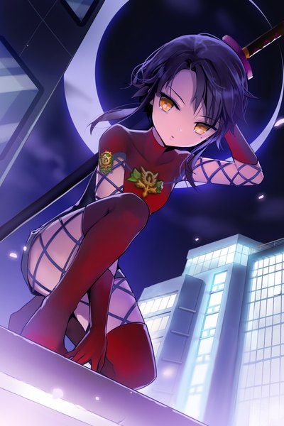Anime picture 1280x1920 with sword girls salt (salty) single tall image looking at viewer short hair black hair yellow eyes girl gloves weapon sword elbow gloves katana building (buildings) thigh boots