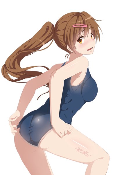 Anime picture 3500x5000 with chuunibyou demo koi ga shitai! kyoto animation nibutani shinka hews single long hair tall image blush highres light erotic simple background brown hair white background brown eyes absurdres ponytail girl hair ornament swimsuit hairclip