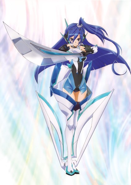 Anime picture 4932x7002 with senki zesshou symphogear satelight kazanari tsubasa single long hair tall image looking at viewer highres purple eyes blue hair absurdres scan official art one side up girl gloves weapon sword black gloves boots