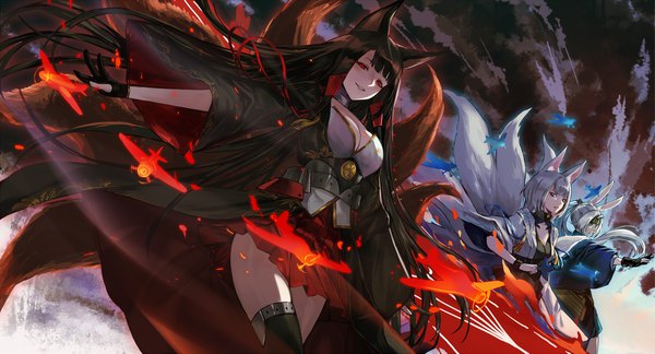 Anime picture 1920x1039 with azur lane akagi (azur lane) kaga (azur lane) hiryuu (azur lane) infukun long hair fringe highres short hair light erotic black hair smile wide image multiple girls animal ears silver hair ponytail tail blunt bangs animal tail