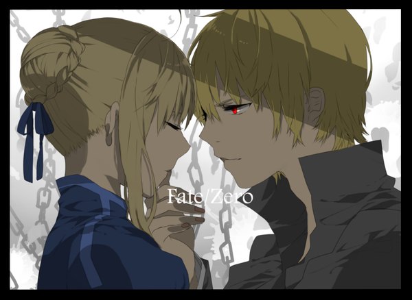 Anime picture 1041x760 with fate (series) fate/stay night studio deen type-moon artoria pendragon (all) saber gilgamesh (fate) kurohal long hair short hair blonde hair red eyes white background braid (braids) eyes closed profile inscription grey background shadow couple