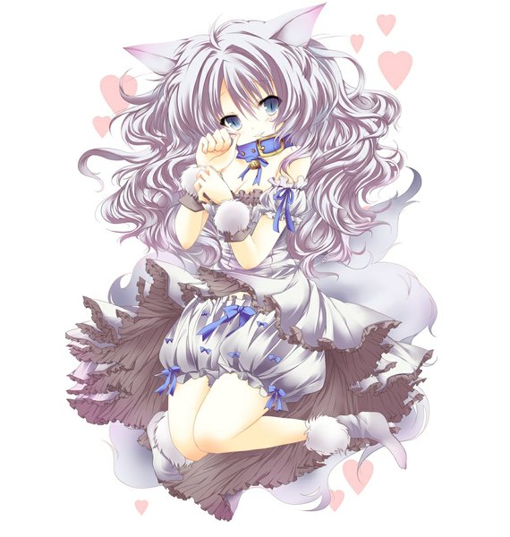 Anime picture 1000x1052 with original umino mizu single long hair tall image blue eyes animal ears silver hair animal tail girl dress bow socks frills heart collar