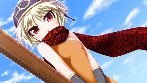 Anime picture 1280x720 with sangoku hime unicorn-a single short hair blonde hair red eyes wide image game cg loli girl scarf