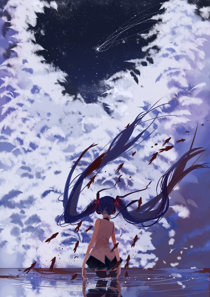 Anime picture 1200x1697 with vocaloid hatsune miku xiao nuo single tall image standing twintails blue hair sky cloud (clouds) very long hair wind from behind night night sky sleeveless partially submerged reflection landscape ripples