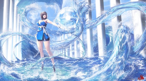 Anime picture 2250x1250 with original nightmadness single highres short hair blue eyes brown hair wide image standing bare shoulders looking away girl gloves water pendant bubble (bubbles)