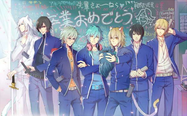 Anime picture 1000x625 with togainu no chi dramatical murder lamento sweet pool nitro+chiral aoba (dmmd) ren (dmmd) konoe shiki (tnc) akira (tnc) youji sakiyama rai tetsuo shironuma long hair short hair blue eyes black hair blonde hair smile red eyes