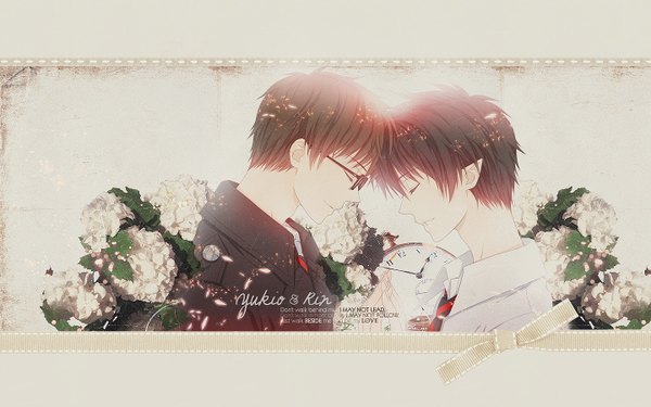 Anime picture 1440x900 with ao no exorcist a-1 pictures okumura rin okumura yukio short hair black hair smile brown hair wide image pointy ears inscription multiple boys twins boy flower (flowers) ribbon (ribbons) glasses necktie 2 boys clock