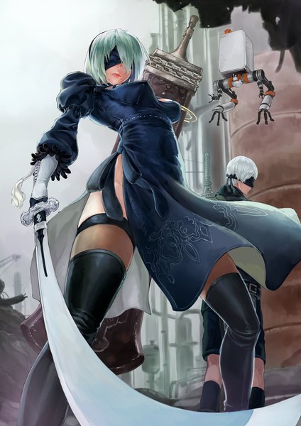 Anime picture 1239x1753 with nier nier:automata yorha no. 2 type b pod (nier:automata) yorha no. 9 type s kaito nina tall image short hair breasts light erotic large breasts standing holding silver hair mole from below side slit mole under mouth blindfold girl