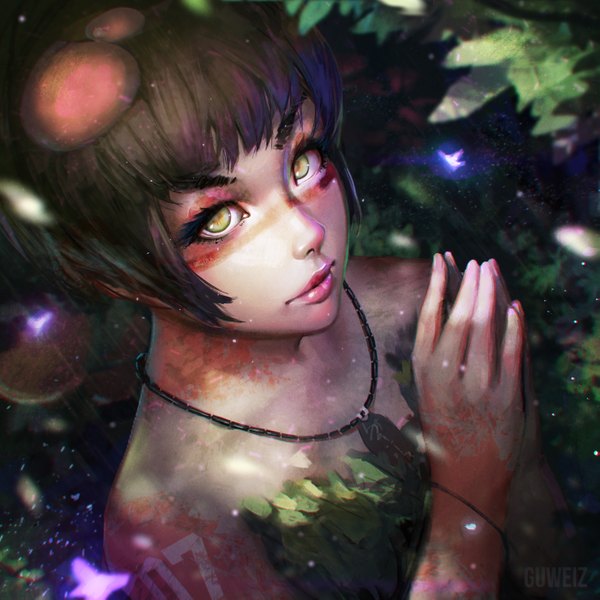 Anime picture 2918x2918 with original guweiz single looking at viewer fringe highres short hair brown hair green eyes from above lips glowing looking up eyebrows face paint fingers together bodypaint girl plant (plants) leaf (leaves)
