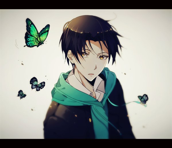 Anime picture 1545x1336 with kuroko no basket production i.g takao kazunari kurasaki ken single short hair black hair simple background yellow eyes upper body from above wind grey background letterboxed boy hood insect butterfly hoodie