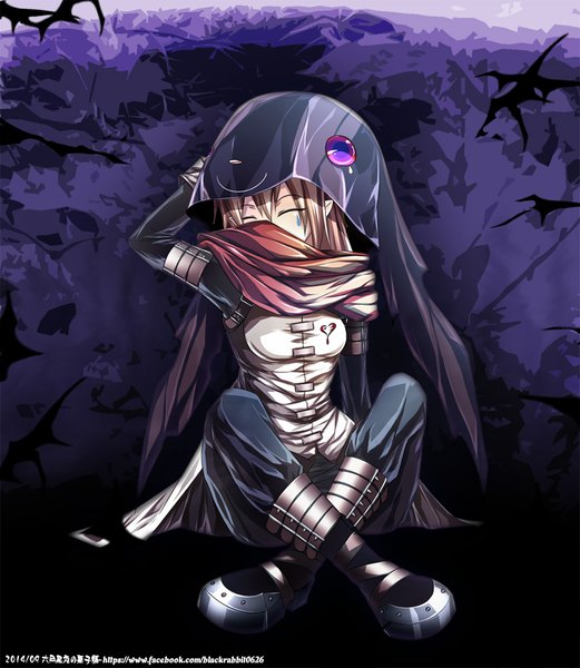 Anime picture 869x1000 with original blackrabbit0626 single long hair tall image brown hair sitting eyes closed crossed legs arm behind head girl boots scarf