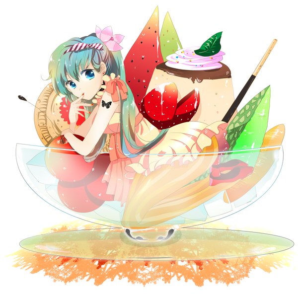 Anime picture 2000x1980 with vocaloid hatsune miku marirero a long hair highres blue eyes twintails aqua hair tattoo finger to mouth girl dress hair ornament food sweets fruit ice cream berry (berries) strawberry pocky