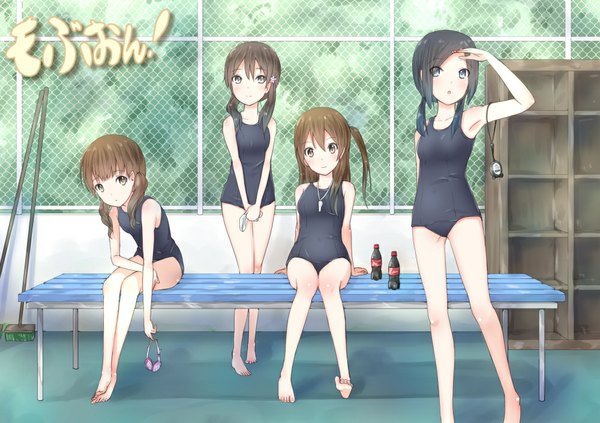 Anime picture 1000x706 with k-on! kyoto animation coca-cola wakaouji ichigo taki eri satou akane kimura fumie mirai (macharge) long hair blush light erotic black hair smile brown hair multiple girls brown eyes girl swimsuit one-piece swimsuit 4 girls