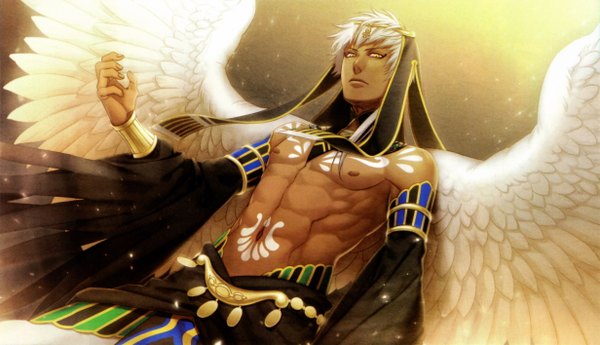 Anime picture 4923x2832 with kamigami no asobi brains base (studio) thoth caduceus yone kazuki single looking at viewer highres short hair light erotic wide image bare shoulders yellow eyes absurdres white hair long sleeves scan wide sleeves bare belly sparkle from below