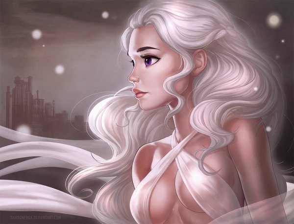 Anime picture 1178x900 with a song of ice and fire daenerys targaryen dandon fuga single long hair breasts light erotic purple eyes looking away white hair profile lips realistic no bra sleeveless girl