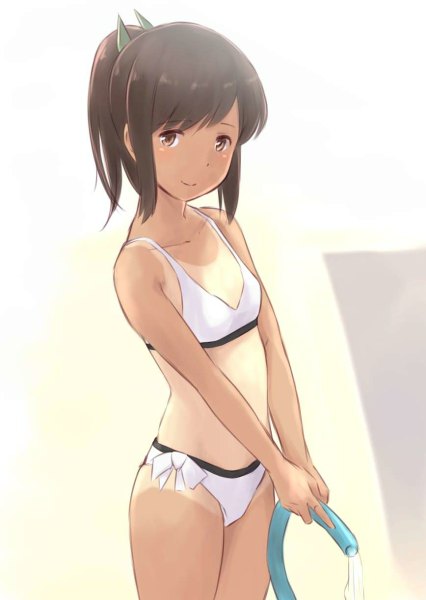 Anime picture 852x1200 with kantai collection i-401 aircraft carrying submarine wa (genryusui) single long hair tall image looking at viewer light erotic brown hair standing brown eyes ponytail light smile tan tan lines girl swimsuit bikini hose