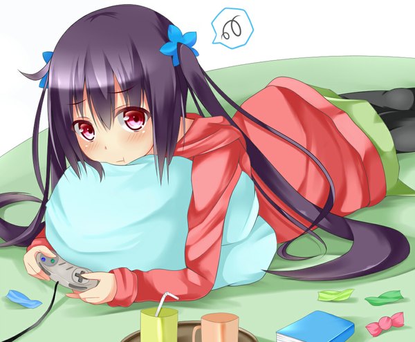 Anime picture 1000x825 with original yahiro (anhnw) single long hair looking at viewer blush red eyes twintails purple hair on stomach playing games girl hair ornament food sweets pillow candy paper drinking straw controller