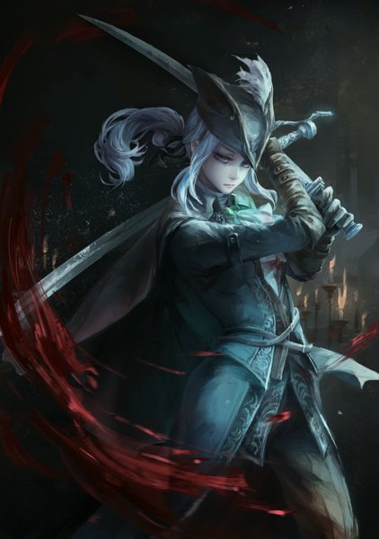 Anime picture 2388x3397 with bloodborne bloodborne: the old hunters from software lady maria of the astral clocktower jlien- single long hair tall image highres blue eyes standing holding ponytail aqua hair arms up looking down pale skin serious warrior pirate