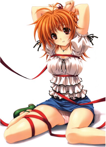 Anime picture 4336x6008 with original miyama zero tall image looking at viewer highres short hair light erotic simple background red eyes white background absurdres scan orange hair pantyshot pantyshot sitting girl skirt ribbon (ribbons) miniskirt