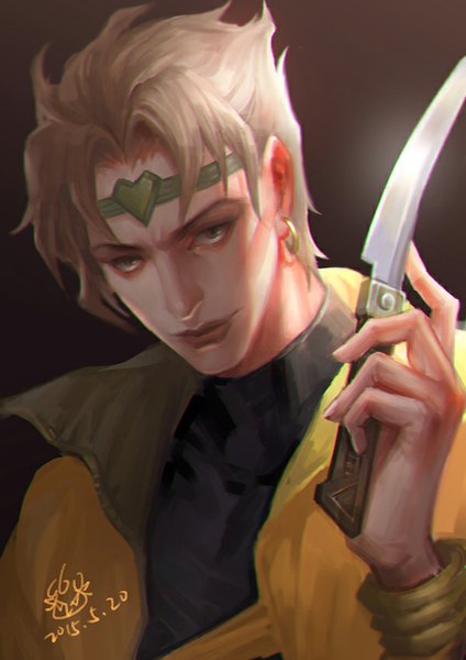 Anime picture 600x849 with jojo no kimyou na bouken dio brando syusuke0229 single tall image looking at viewer short hair simple background blonde hair signed lips black eyes dated brown background boy weapon earrings hairband turtleneck knife