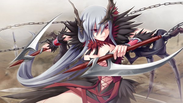 Anime picture 2048x1152 with madou koukaku eushully long hair highres light erotic red eyes wide image game cg silver hair horn (horns) girl dress weapon wings