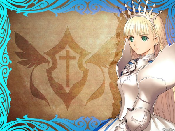 Anime picture 1280x960 with shining (series) shining tears clalaclan philias tony taka long hair simple background blonde hair green eyes shadow framed brown background girl armor crown