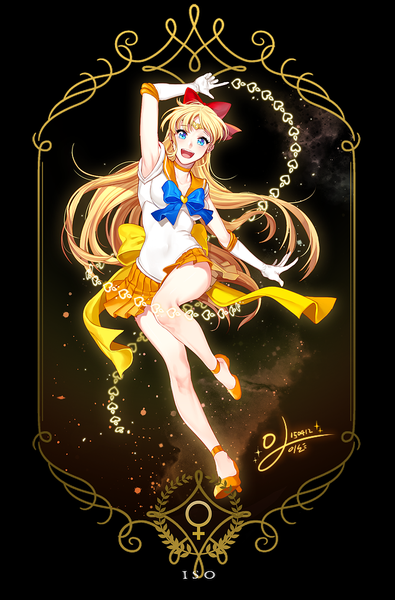 Anime picture 670x1017 with bishoujo senshi sailor moon toei animation aino minako sailor venus super sailor venus kakon single long hair tall image looking at viewer blush open mouth blue eyes blonde hair simple background signed bent knee (knees) :d dated black background
