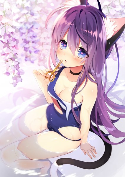 Anime picture 778x1100 with original byulzzimon single long hair tall image looking at viewer blush fringe breasts open mouth blue eyes light erotic sitting animal ears purple hair ahoge outdoors tail animal tail from above